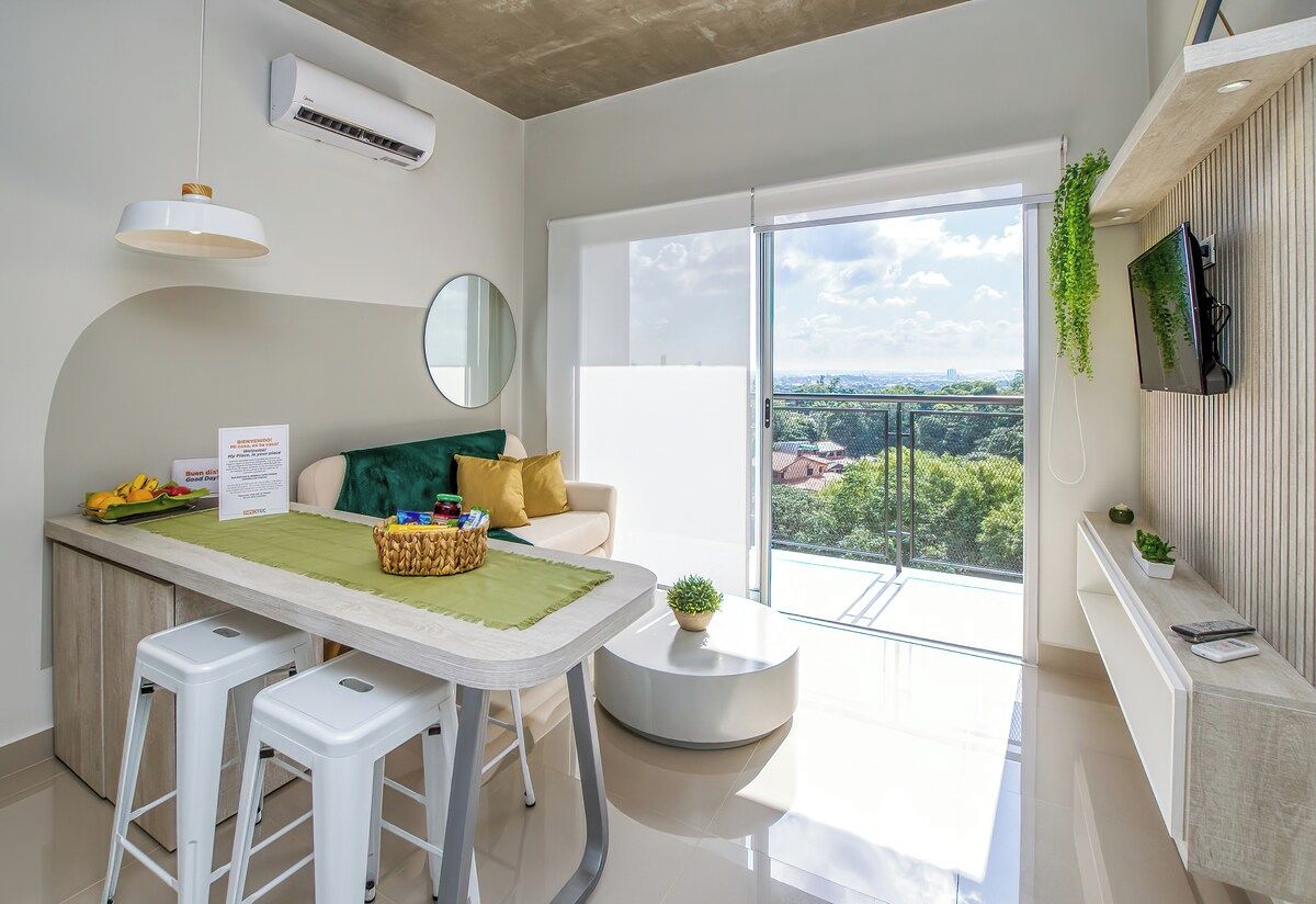 Bright living area with city view