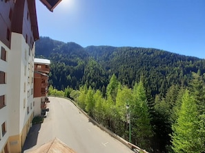 Ein Gebäude mit Balkonen mit Blick auf eine Straße und einen bewaldeten Berg.