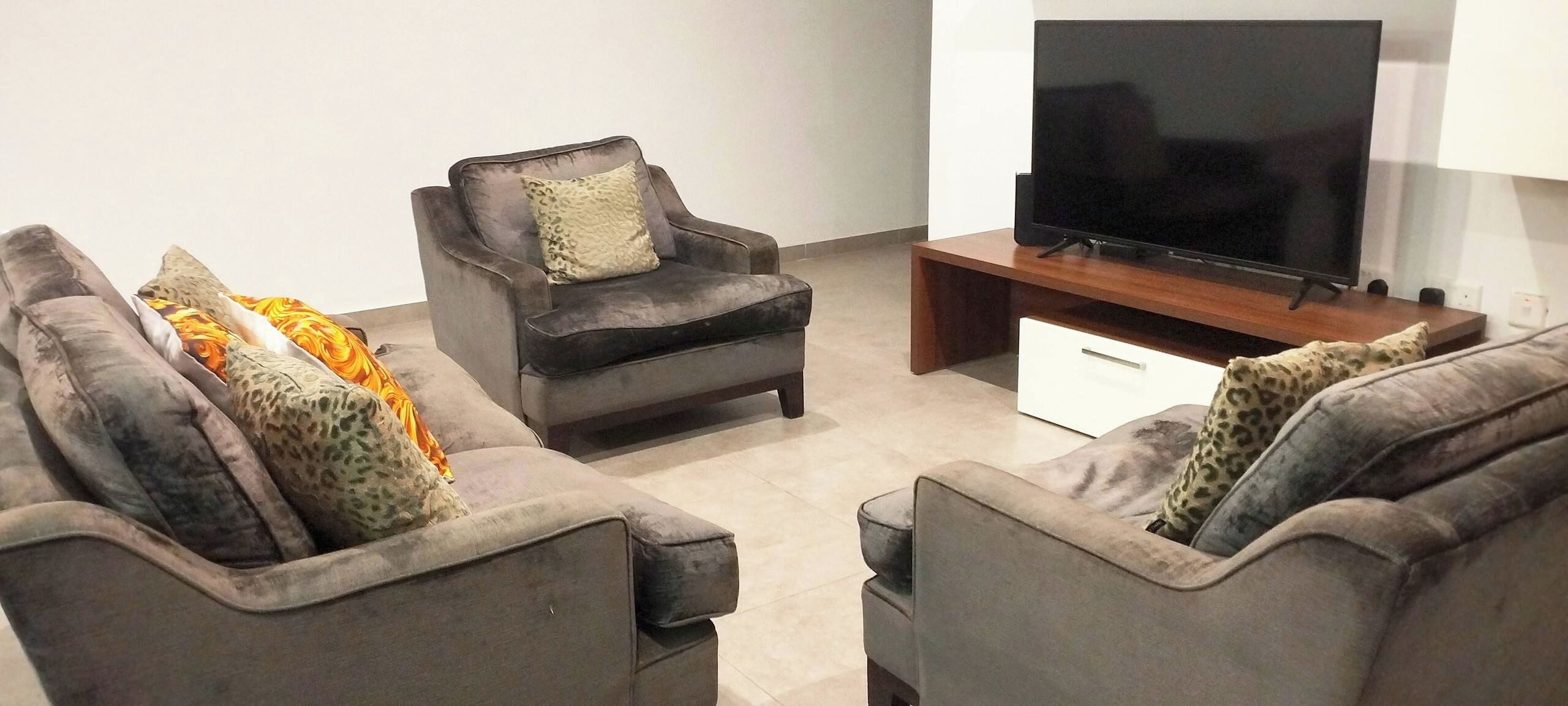 A living room with two grey sofas, a small armchair with a cushion, and a flat-screen TV on a wooden stand.