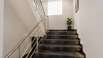 A staircase with a metal railing, leading to a landing with a potted plant.