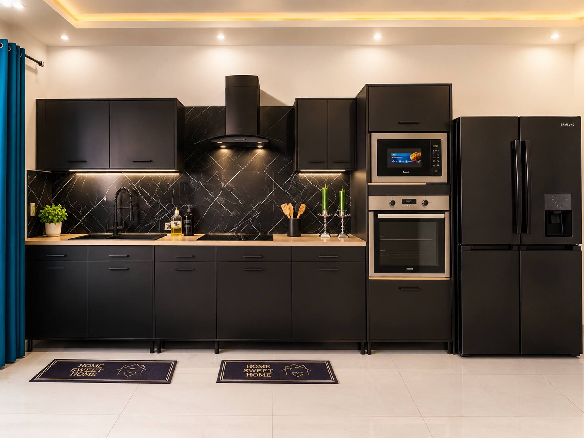 A modern kitchen with black cabinetry, a built-in oven, a microwave, and a Samsung refrigerator.