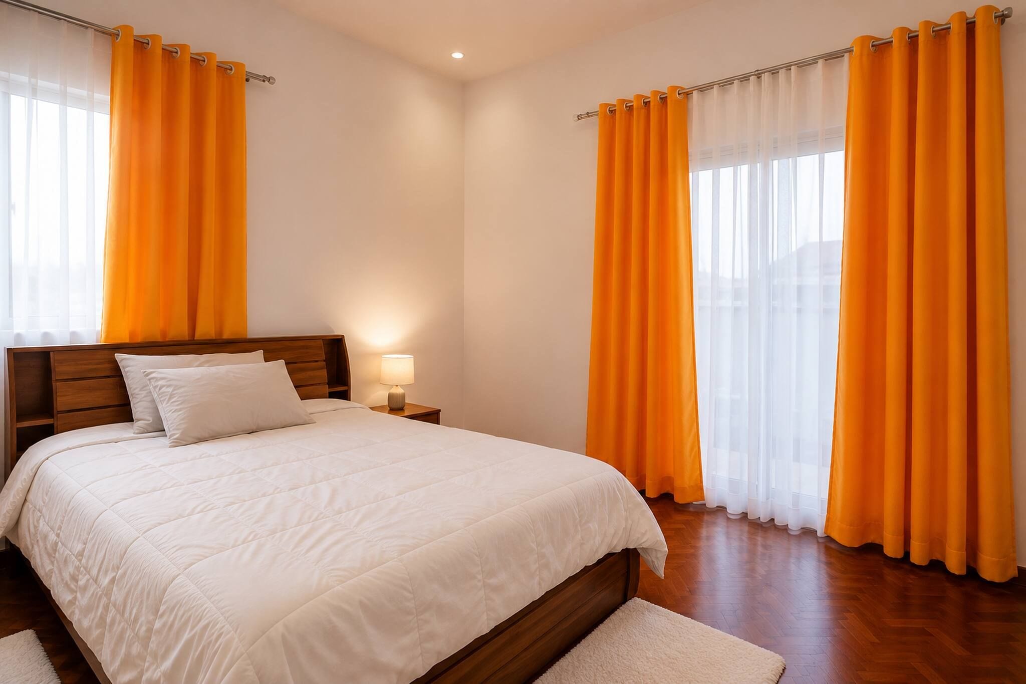 A hotel room with a large bed, two bedside tables, and orange curtains.