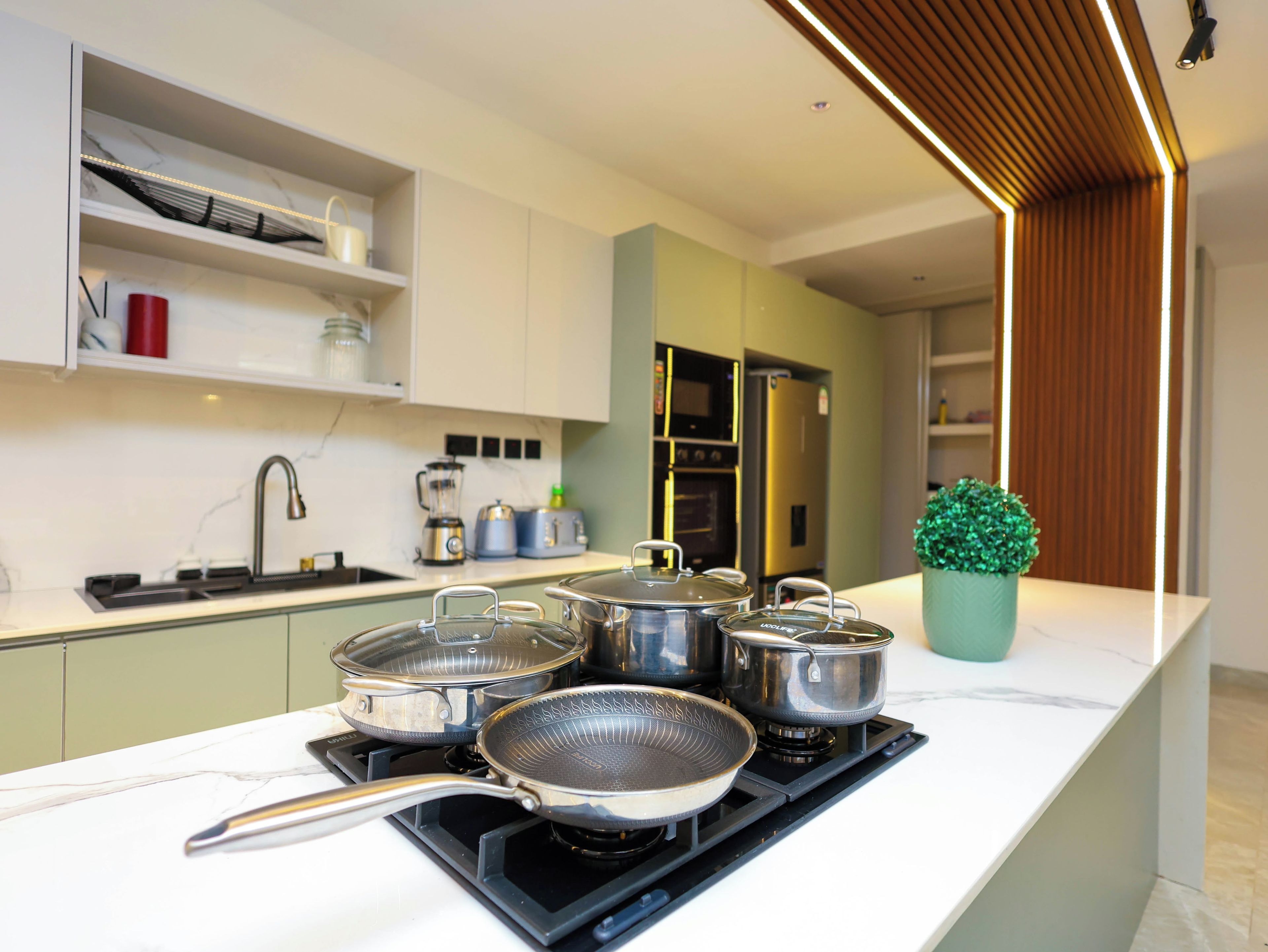 A modern kitchen with a gas stove, pots, and a small potted plant.