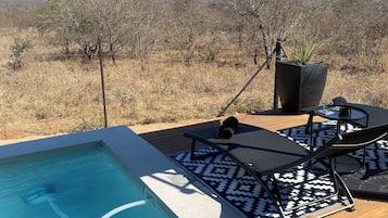 Une piscine avec une terrasse en bois, des chaises longues et un grand parasol.