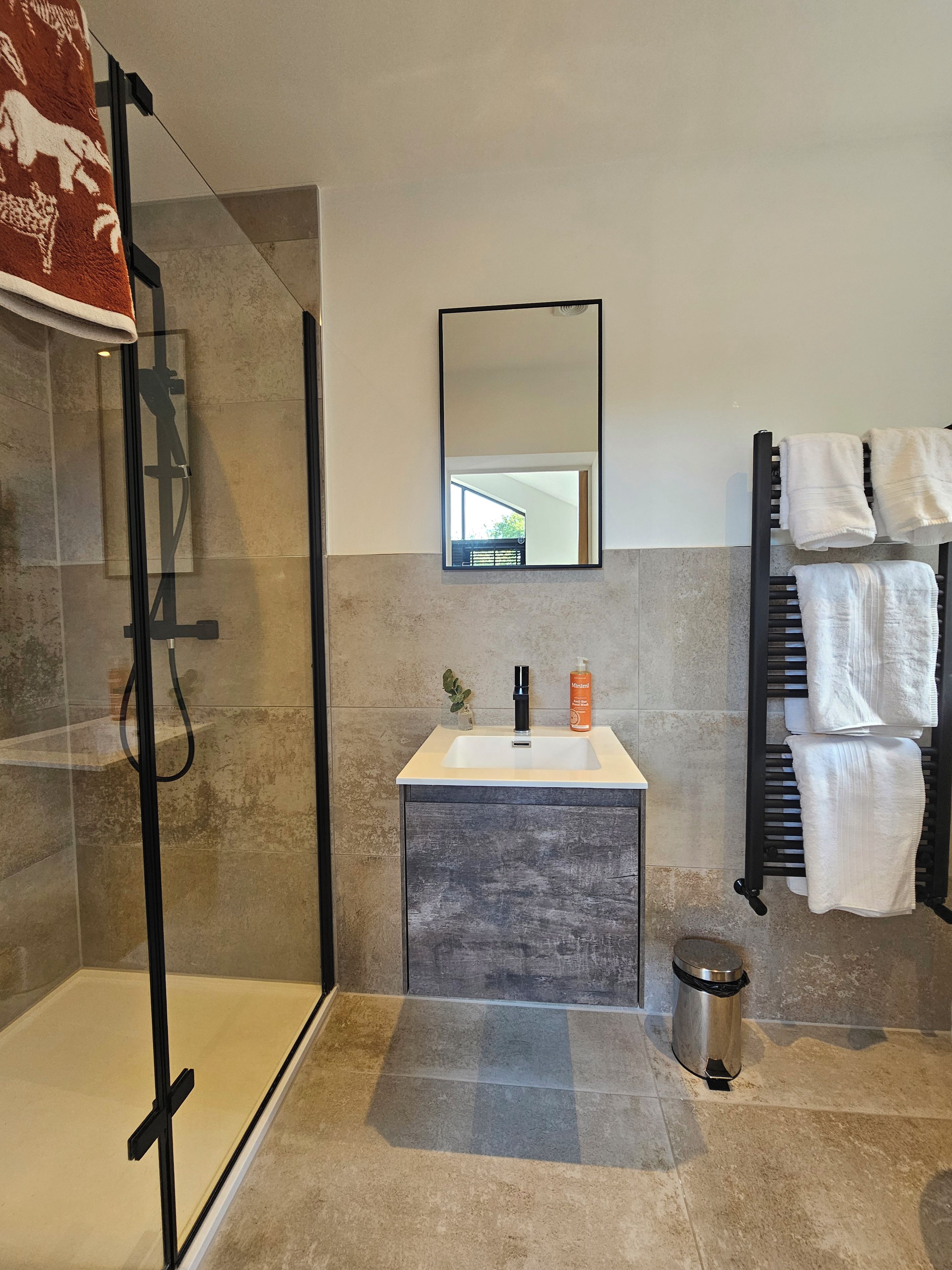 A modern bathroom with a glass shower enclosure, a white sink, a mirror, and a towel rack.