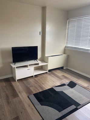 Een kamer met een televisie op een witte standaard, een radiator, een raam met jaloezieën en een kamerbreed tapijt met een patroon op de vloer.