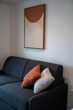 Un salon moderne avec un canapé de couleur foncée et deux coussins.