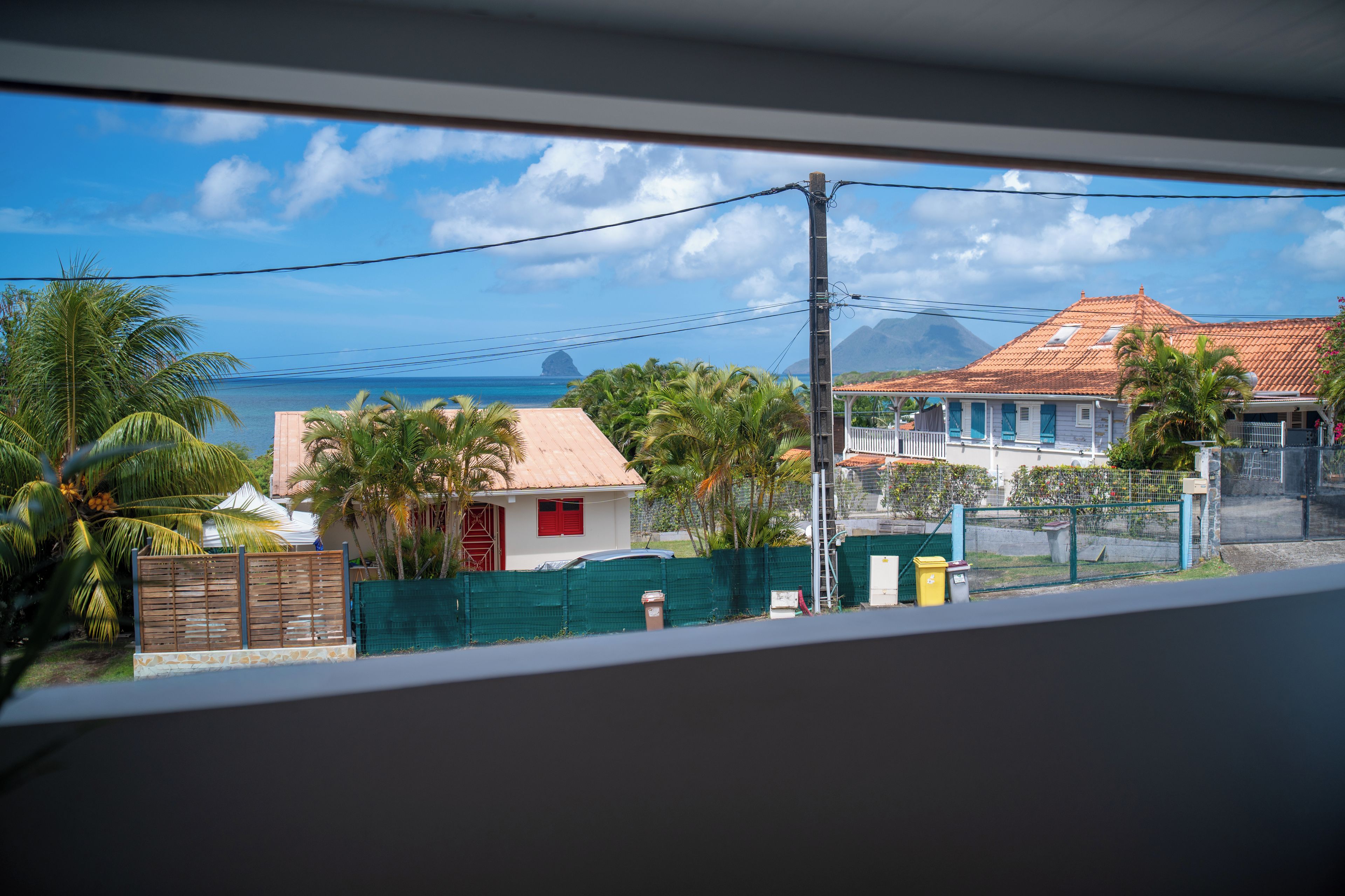 A coastal residential area with houses, palm trees, and a view of the ocean.