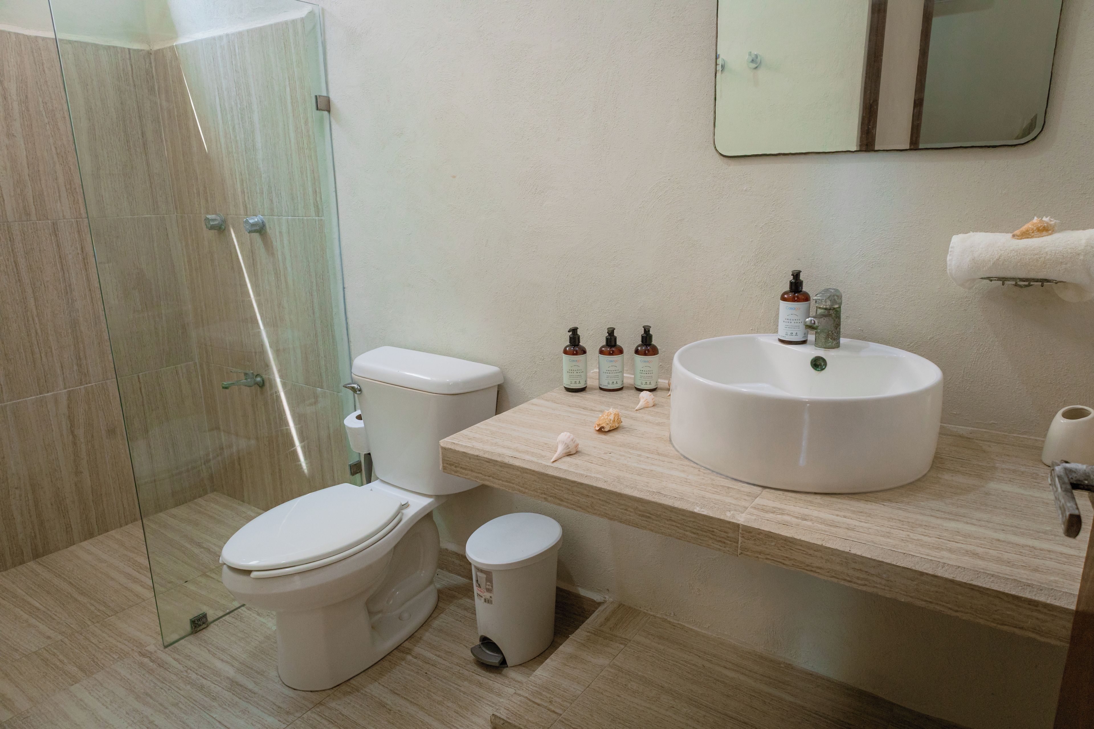 Une salle de bain moderne avec une douche à parois de verre, des toilettes, un lavabo avec des articles de toilette et un miroir.
