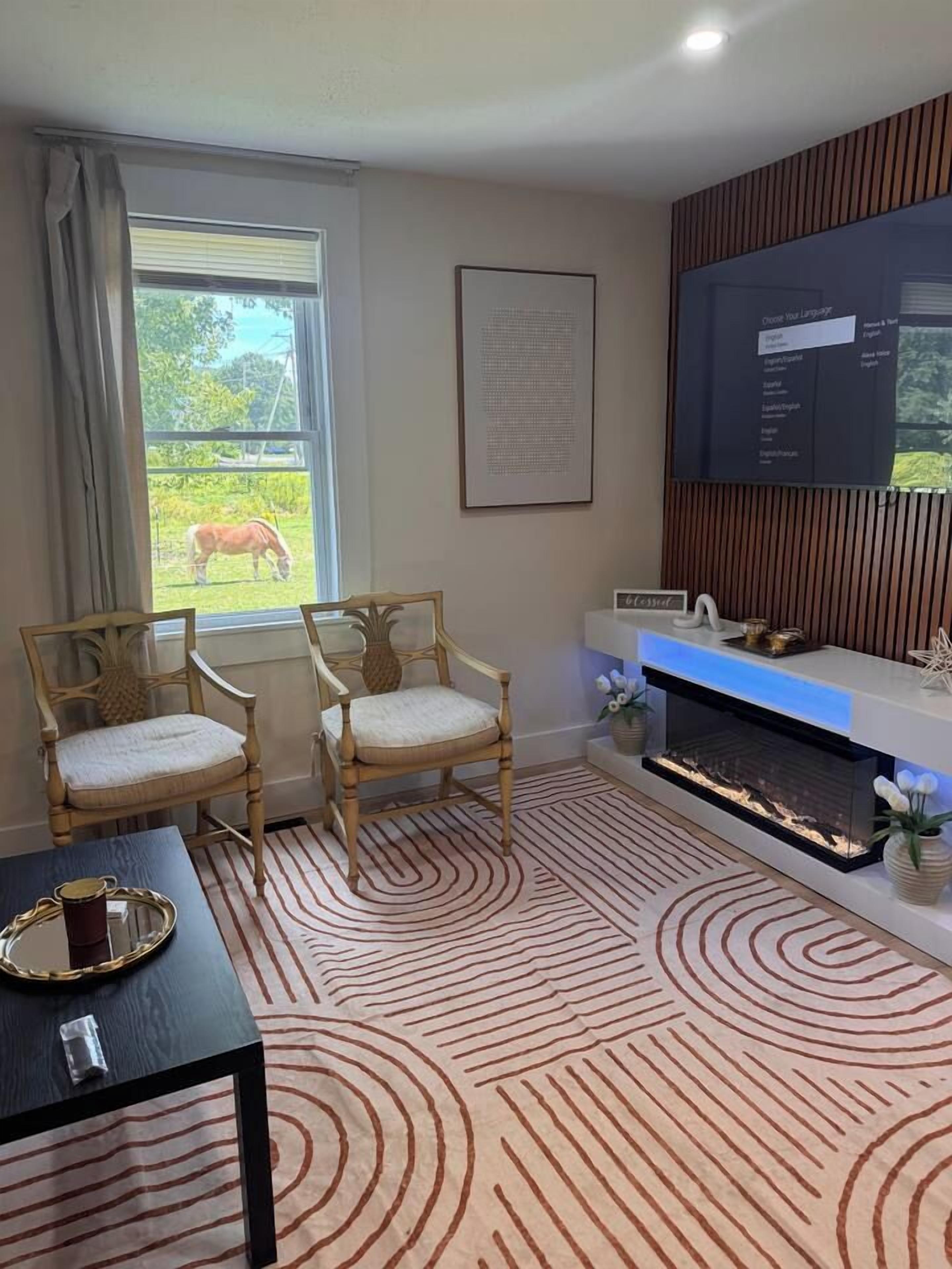 A room with two wooden chairs, a fireplace, a television, and a window with a view of a horse.