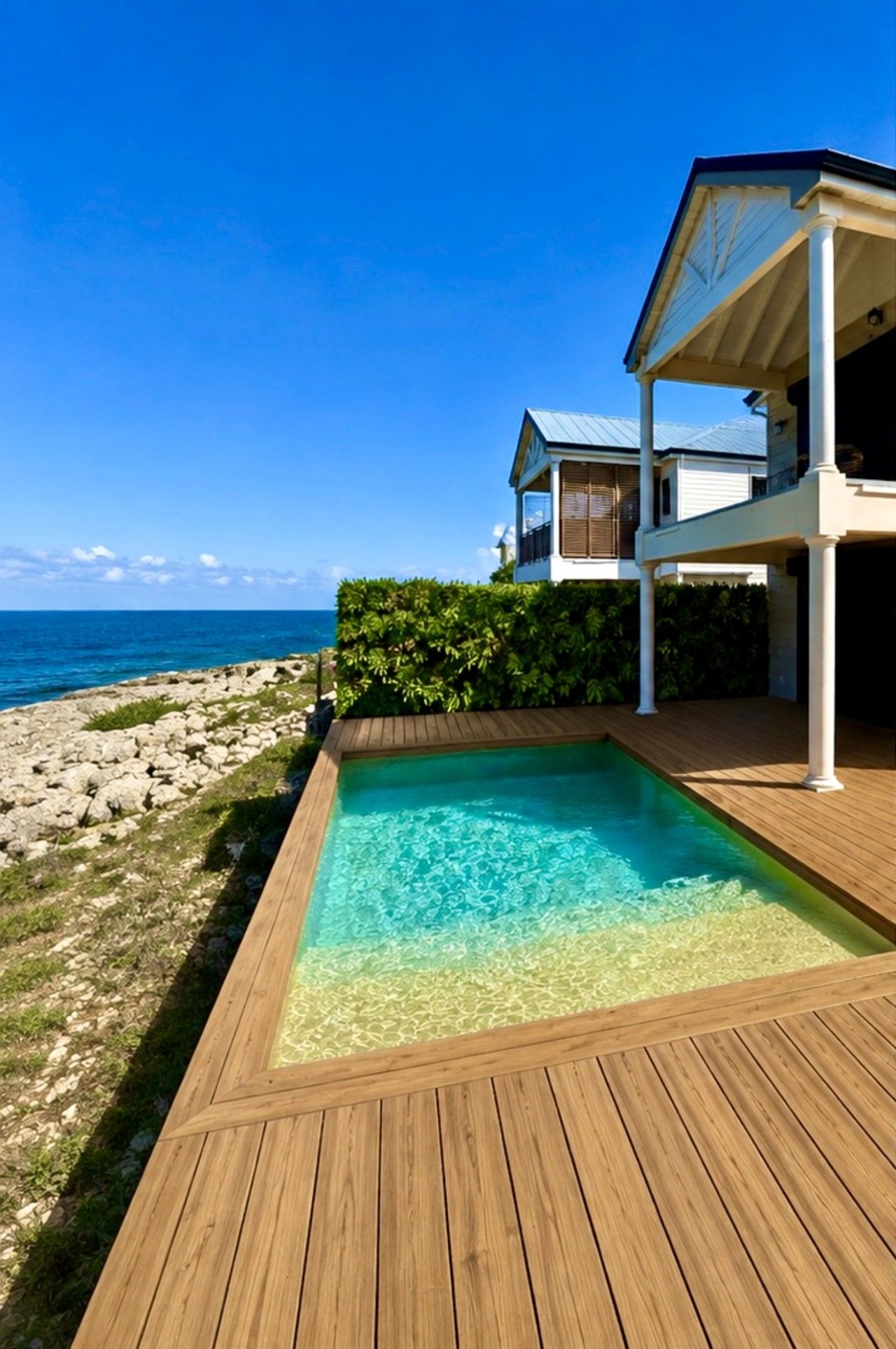 Ein Swimmingpool mit Holzterrasse, ein Haus mit weißer Fassade und Blick auf den Ozean.