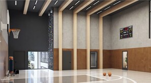 A basketball court with a scoreboard, a basketball hoop, and a digital clock. - Downtown Miami Luxe 1BR! (Miami)
