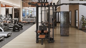 A gym with various exercise equipment, including treadmills, weight machines, and free weights. - Chic Luxury 1BR Oasis (Miami)