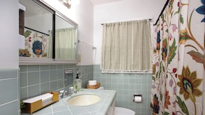 A bathroom with a sink, toilet, and shower curtain. - Choosing Texas (Amarillo)