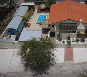 A residential property with a swimming pool, a covered patio, and a large tree. - Luxury Noord Oasis Near Palm Beach: 4BR/4BA Villa w/ Pool  – 15 Min Walk to Beach (Noord)