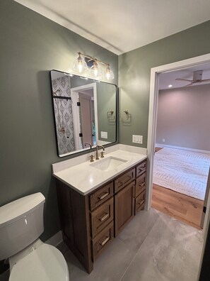 A bathroom with a double sink vanity, a toilet, and a large mirror. - A frame cabin (Swannanoa)