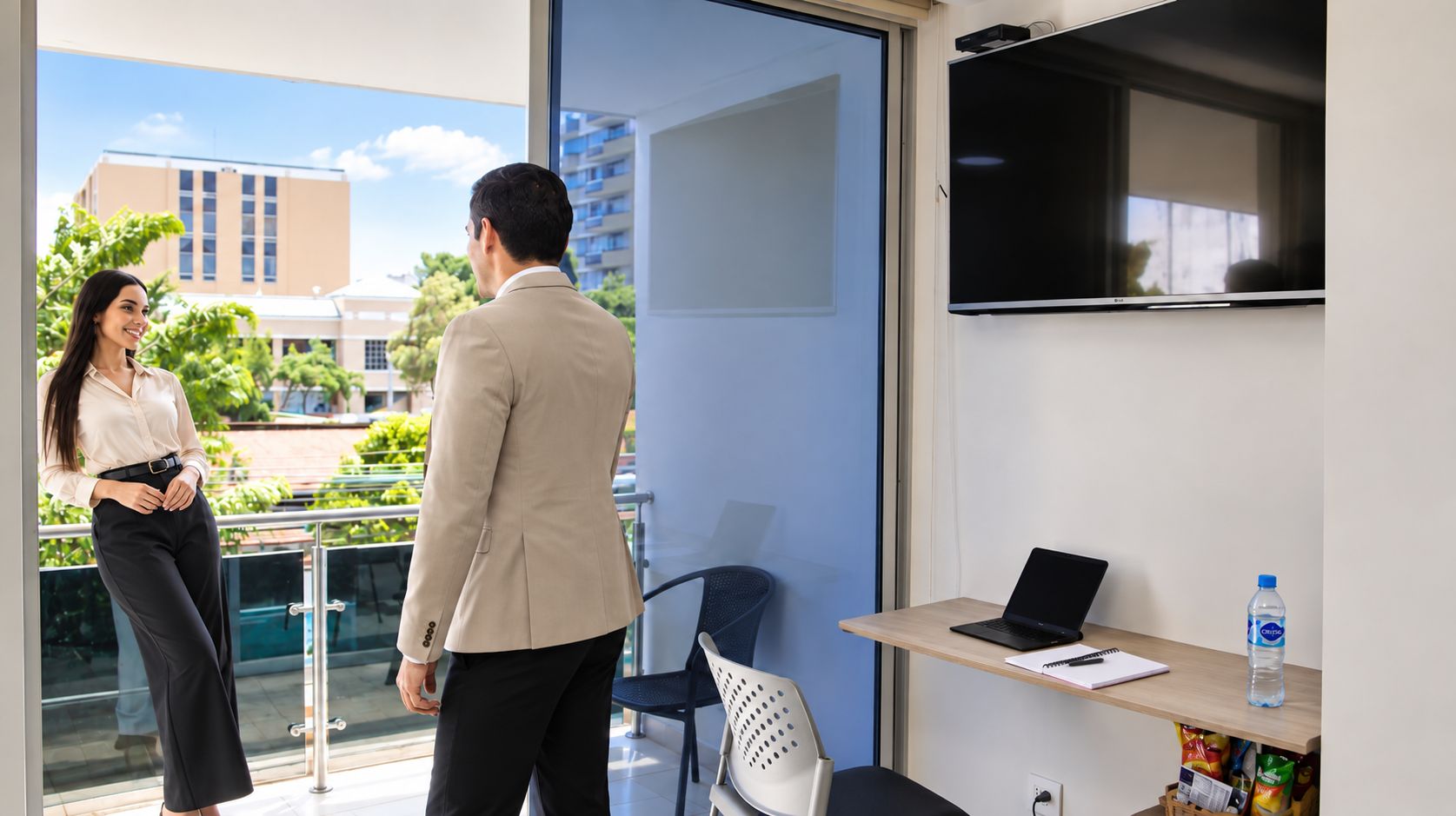 Un espacio de oficina moderno con puerta de vidrio, una computadora portátil sobre un escritorio y una botella de agua.