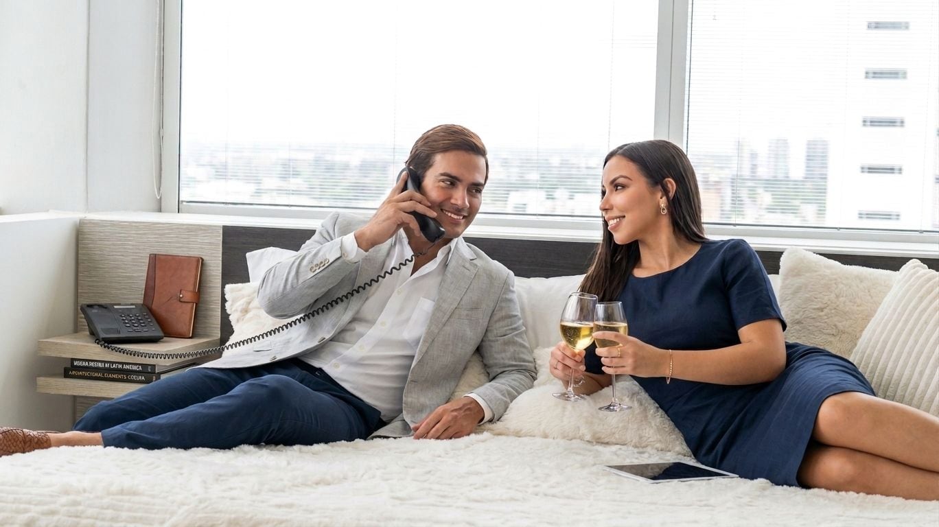 Ein Paar sitzt auf einem Bett und genießt Blick auf die Stadt, ein Smartphone und ein Glas Wein.