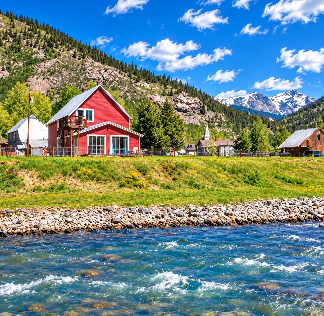 A red house with a balcony, a church, and mountains in the background.