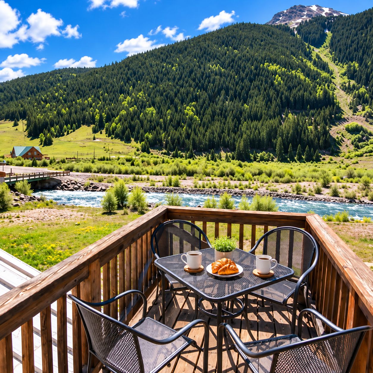 A wooden deck with outdoor seating, overlooking a river and a forested mountain.