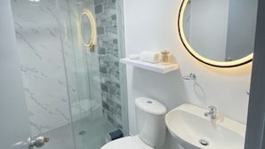 Casa de banho moderna com chuveiro de vidro, sanita e lavatório com espelho.