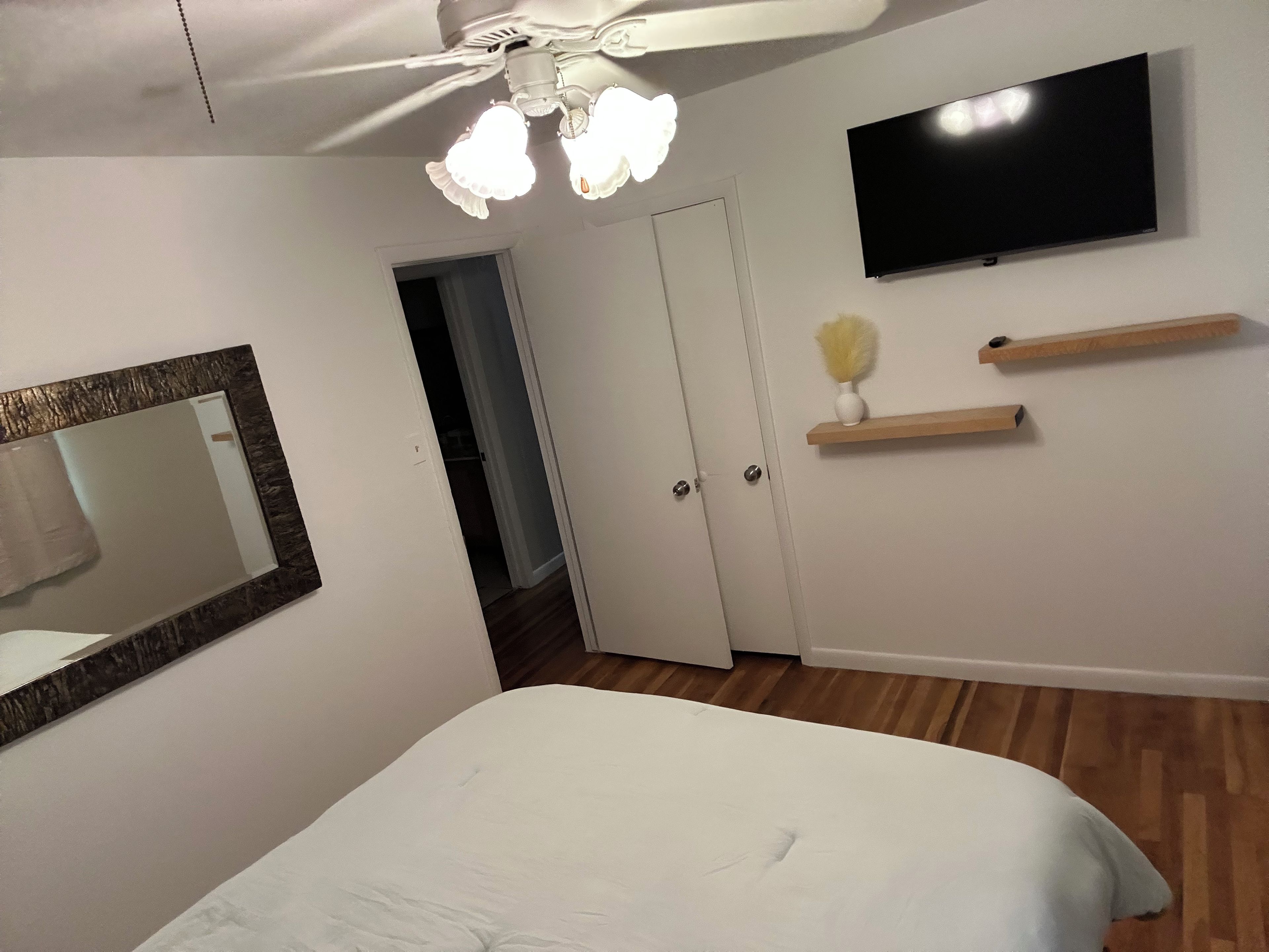 Un dormitorio con cama, ventilador de techo, televisor, espejo y puerta.