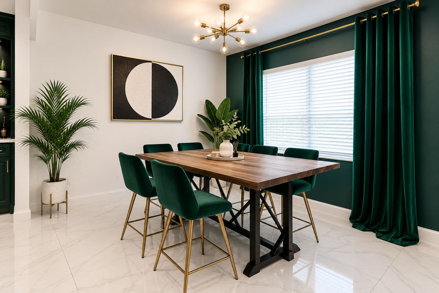 A dining area with a wooden table, green upholstered chairs, a potted plant, and a modern chandelier.