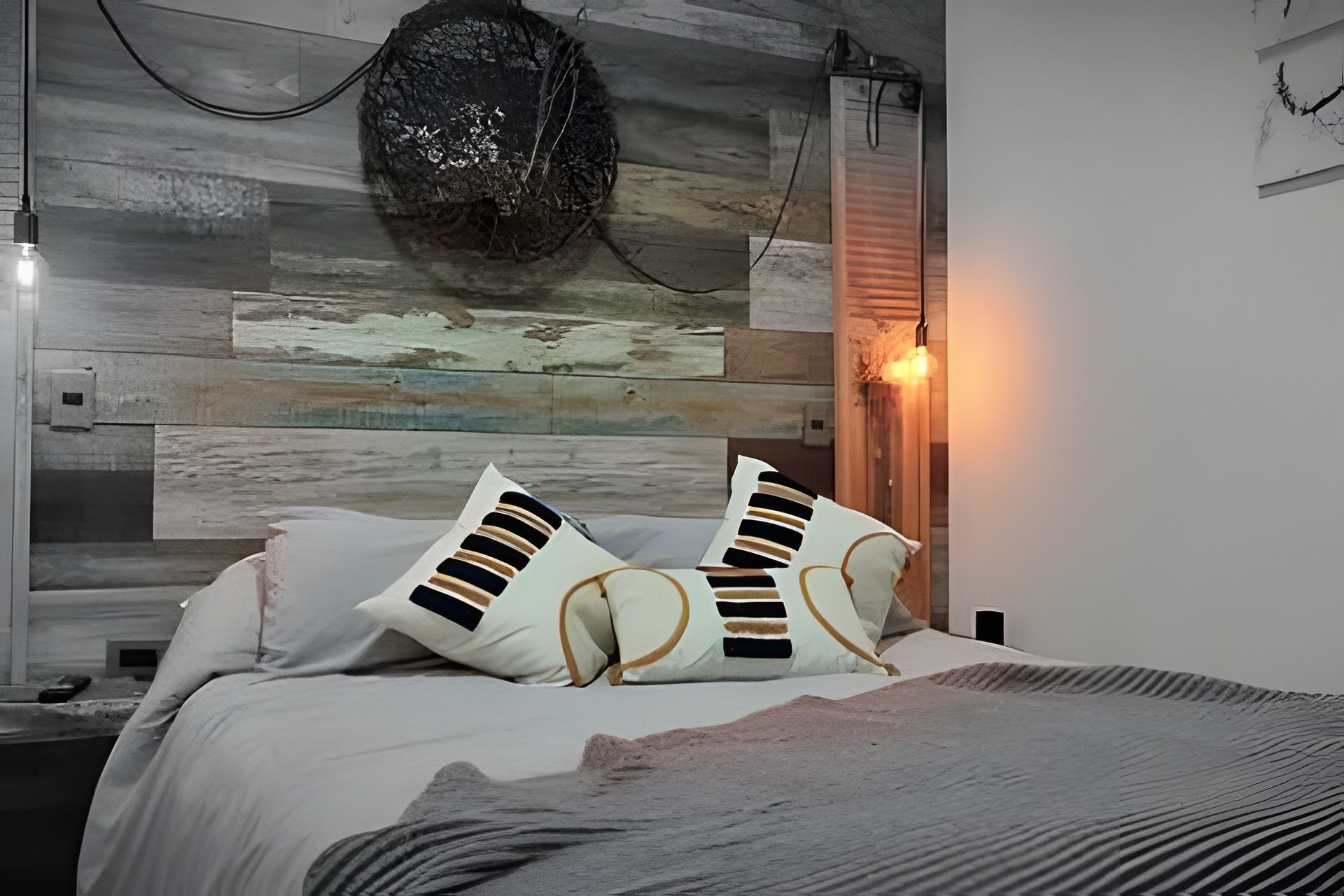 A bedroom with a bed, pillows, a wall with a textured design, and a wall-mounted light fixture.