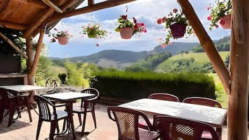 Una terrazza esterna con tavoli e sedie, travi in legno, vasi di fiori pensili e vista su dolci colline.
