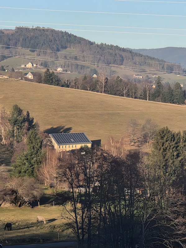 Un paysage rural avec un bâtiment doté de panneaux solaires, entouré d’arbres et de champs ouverts.