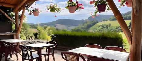 An outdoor patio with tables and chairs, wooden beams, hanging flower pots, and a view of green hills.