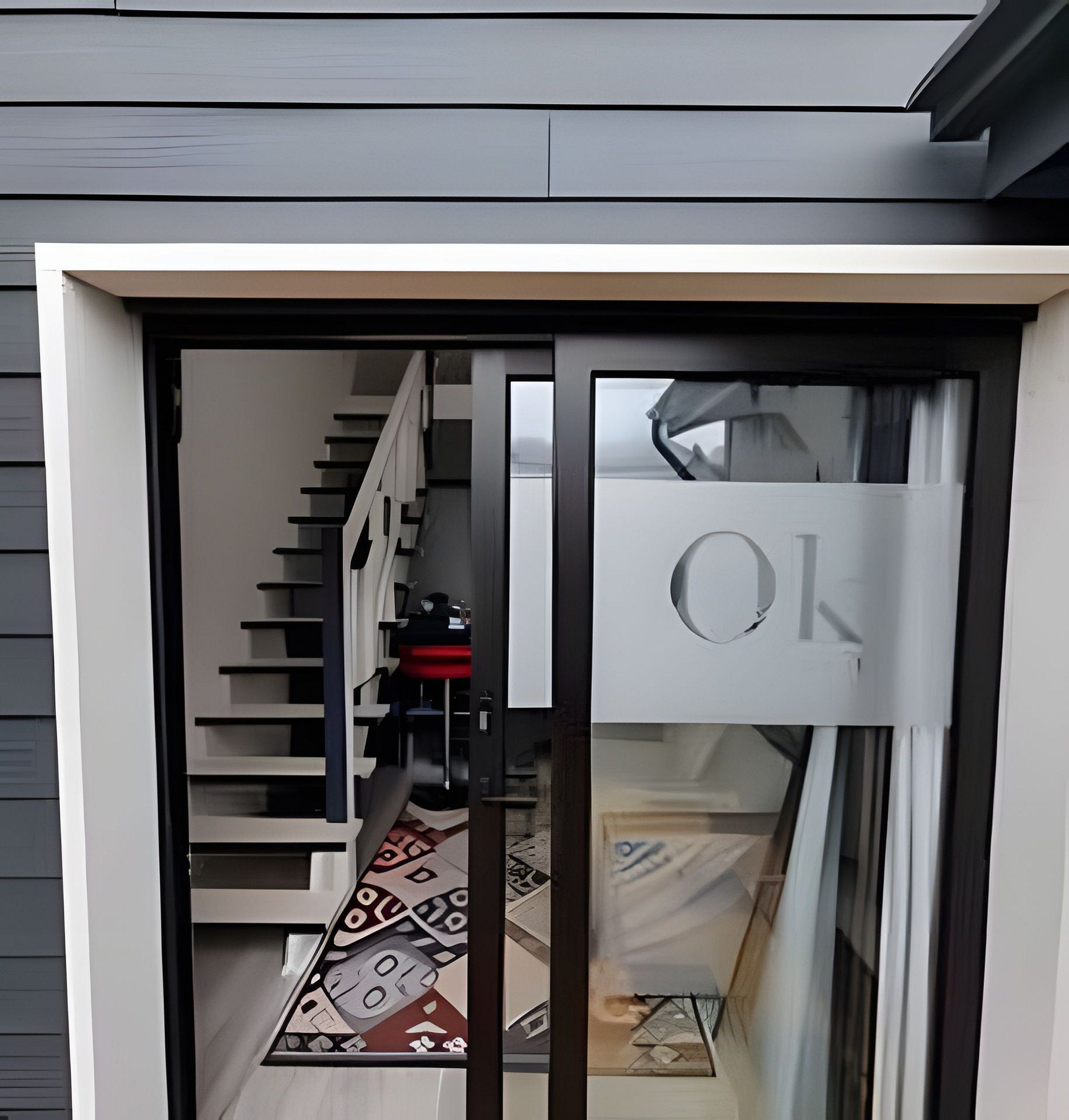 Un interior moderno con una escalera que lleva a una plataforma, una puerta de cristal con picaporte y una alfombra estampada en el suelo.