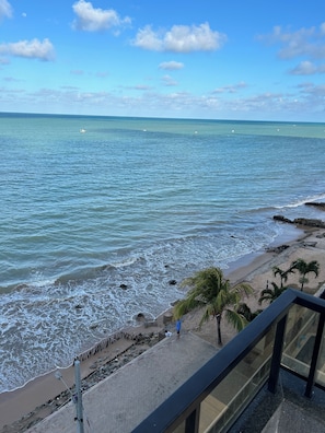 Uitzicht op de kust vanaf een balkon, met golven, een palmboom en een rotsachtige kustlijn.