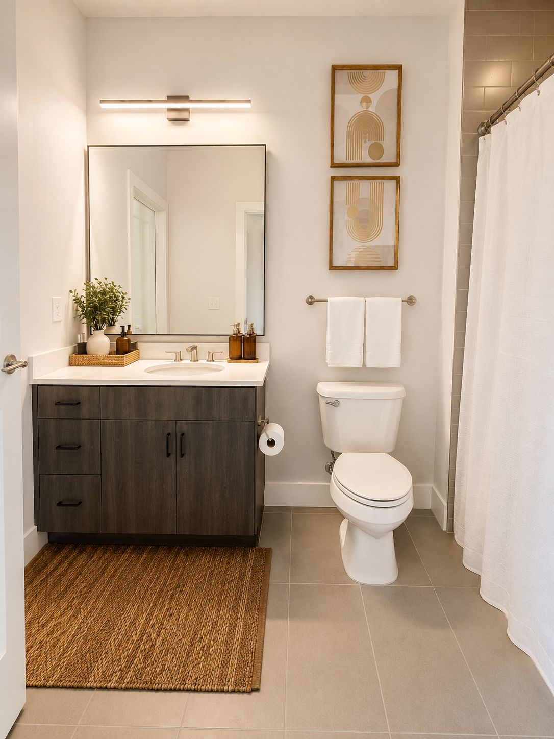 A modern bathroom with a dark wood vanity, a white toilet, and a shower curtain.