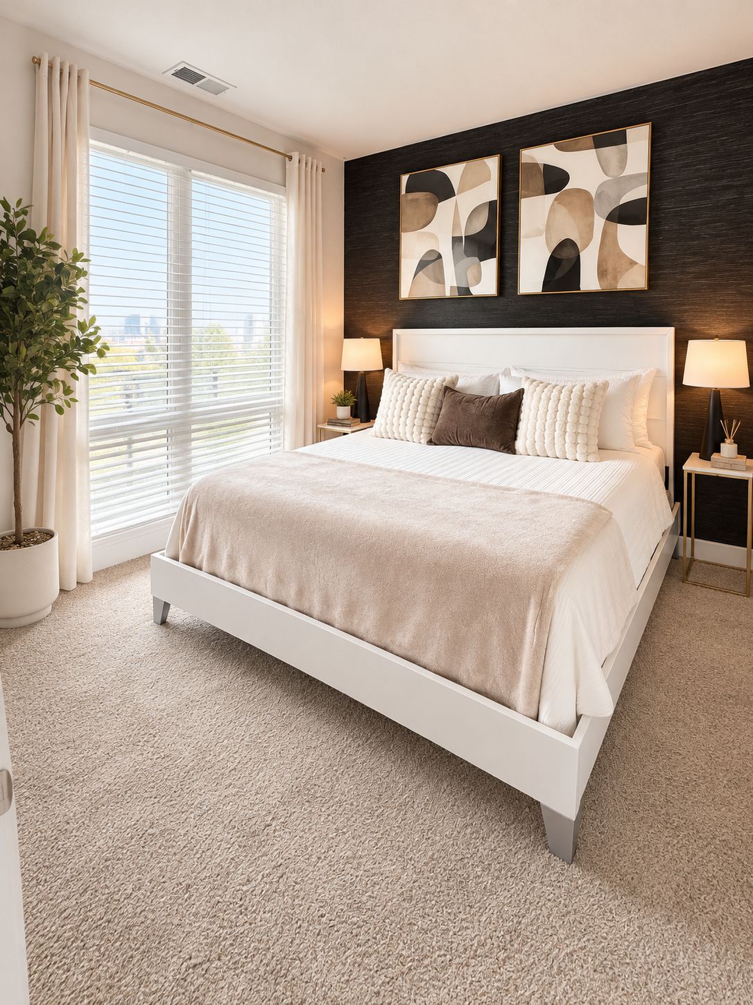 A bedroom with a large bed, two bedside tables, a potted plant, and abstract wall art.
