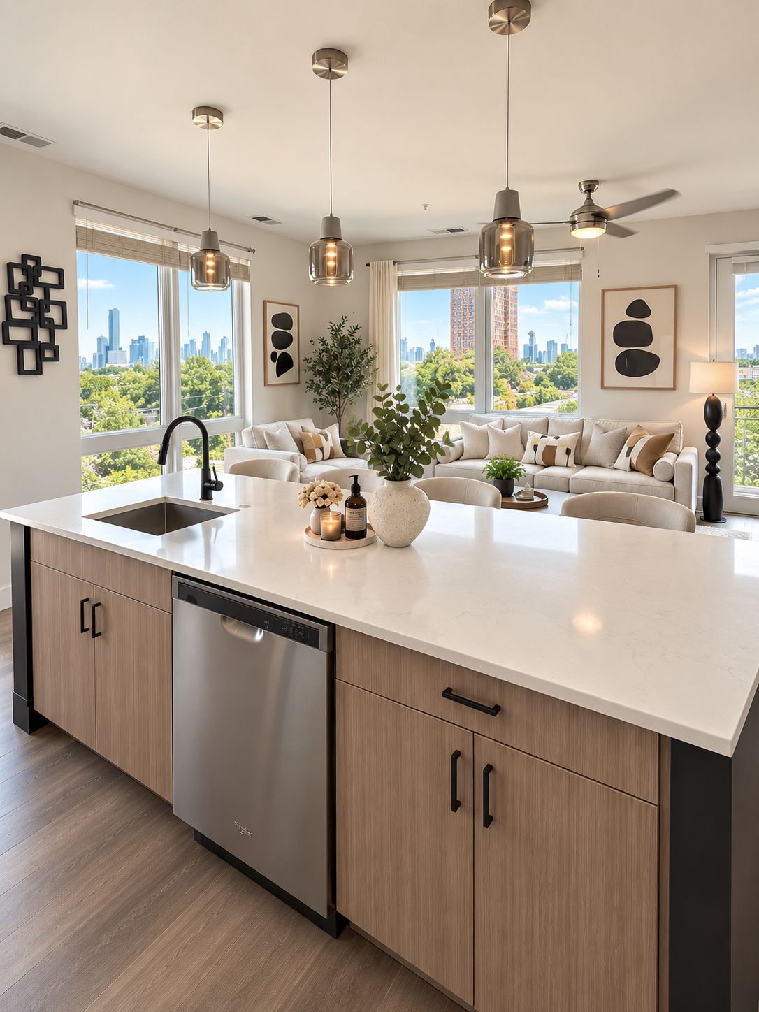 Una cocina moderna con una isla central, lavavajillas integrado e iluminación colgante.