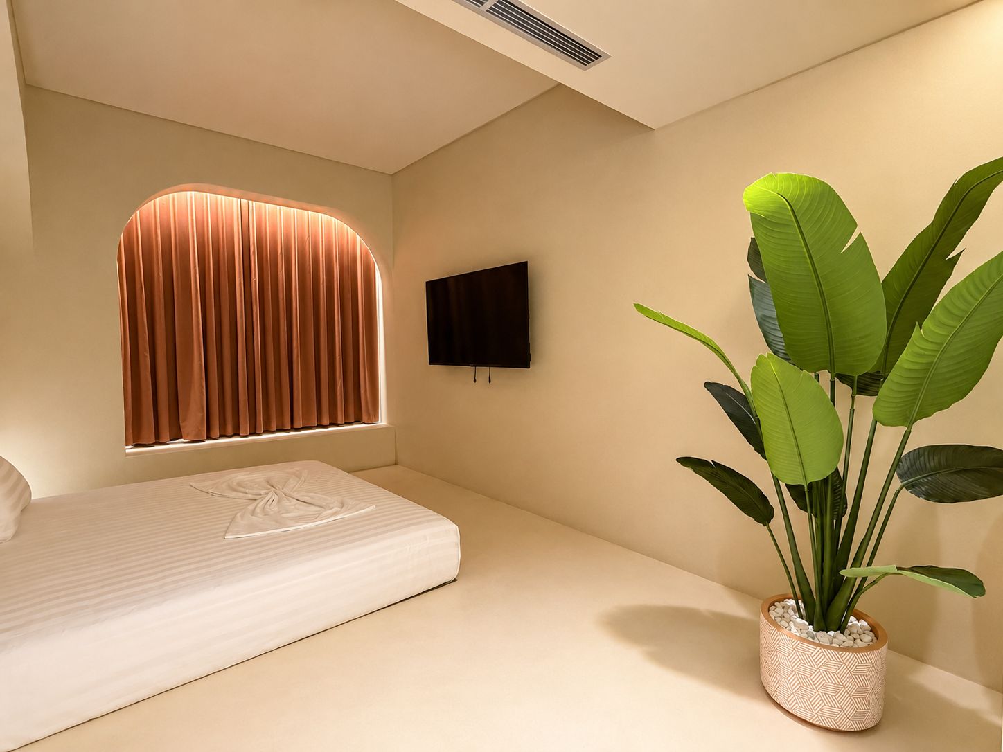 A minimalist bedroom with a bed, a window with curtains, a flat-screen TV, and a potted plant.