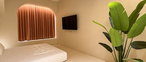 A minimalist bedroom with a bed, a window with curtains, a flat-screen TV, and a potted plant.