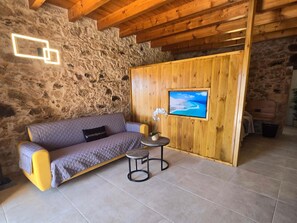 Ein Zimmer mit Steinwand, Holzboden, einer Couch, einem kleinen Tisch und einem Fernsehbildschirm.