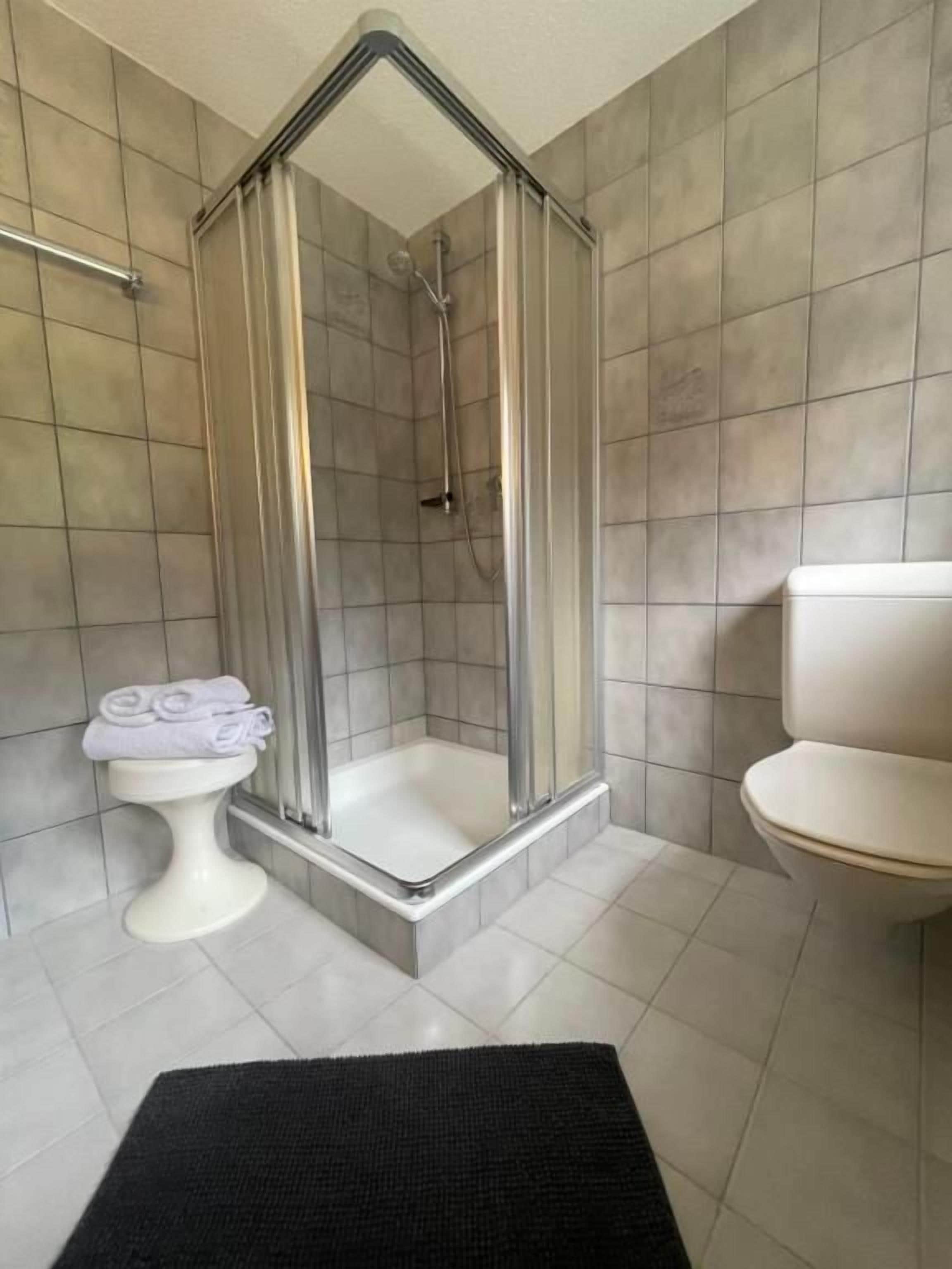 Een badkamer met een douche met glazen wand, een toilet en een wastafel.