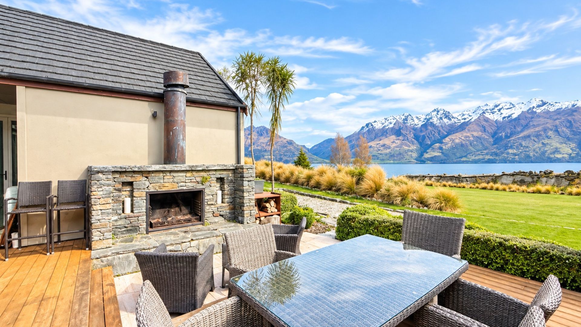 A stone fireplace with a chimney, outdoor furniture, and a view of mountains and a lake.