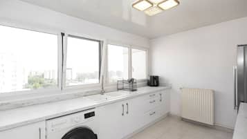 Een moderne keuken met een ingebouwde wasmachine, een spoelbak en een raam met uitzicht op een stadsgezicht.