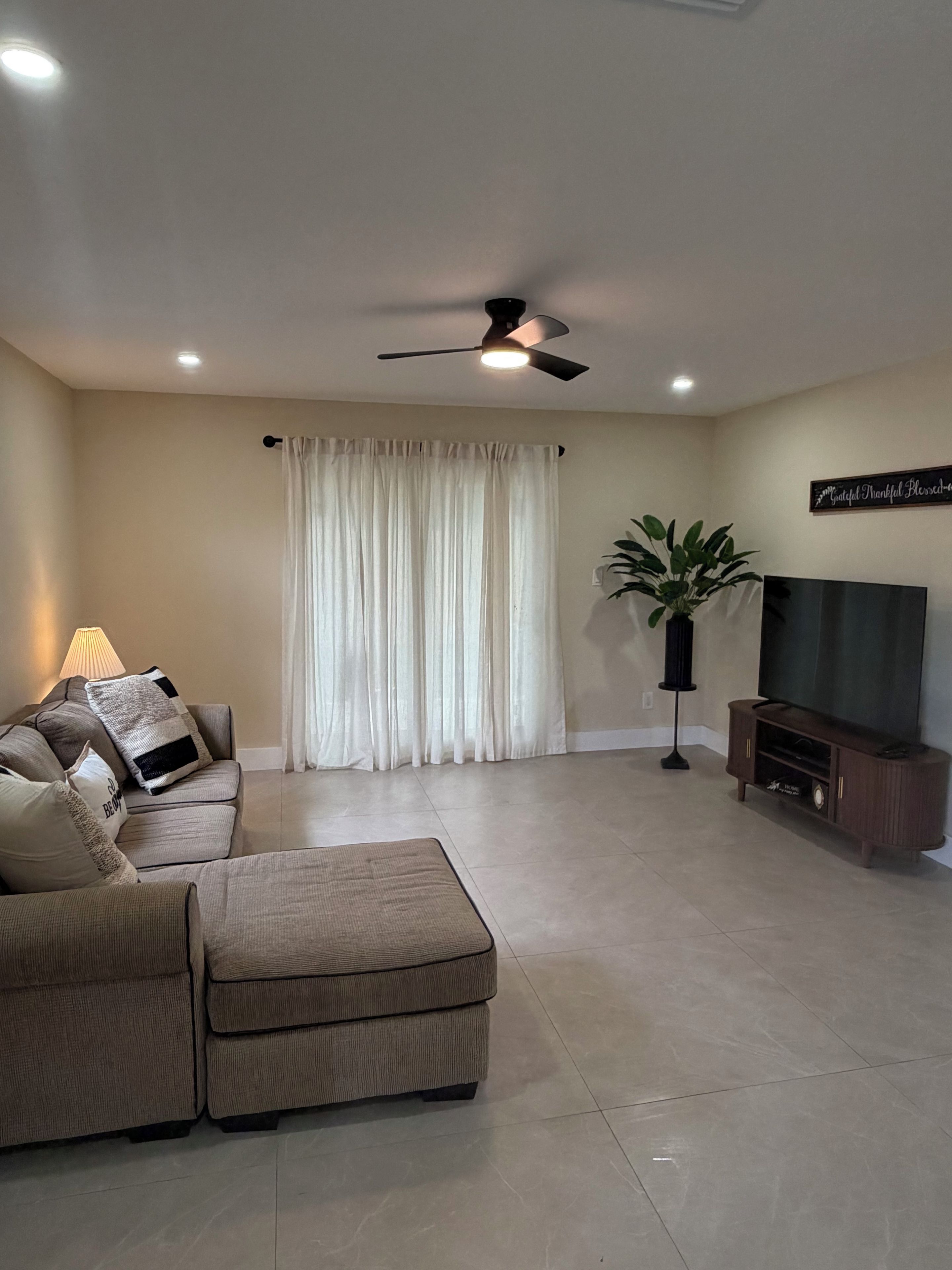 A living room with a sofa, a television, a ceiling fan, and a plant.