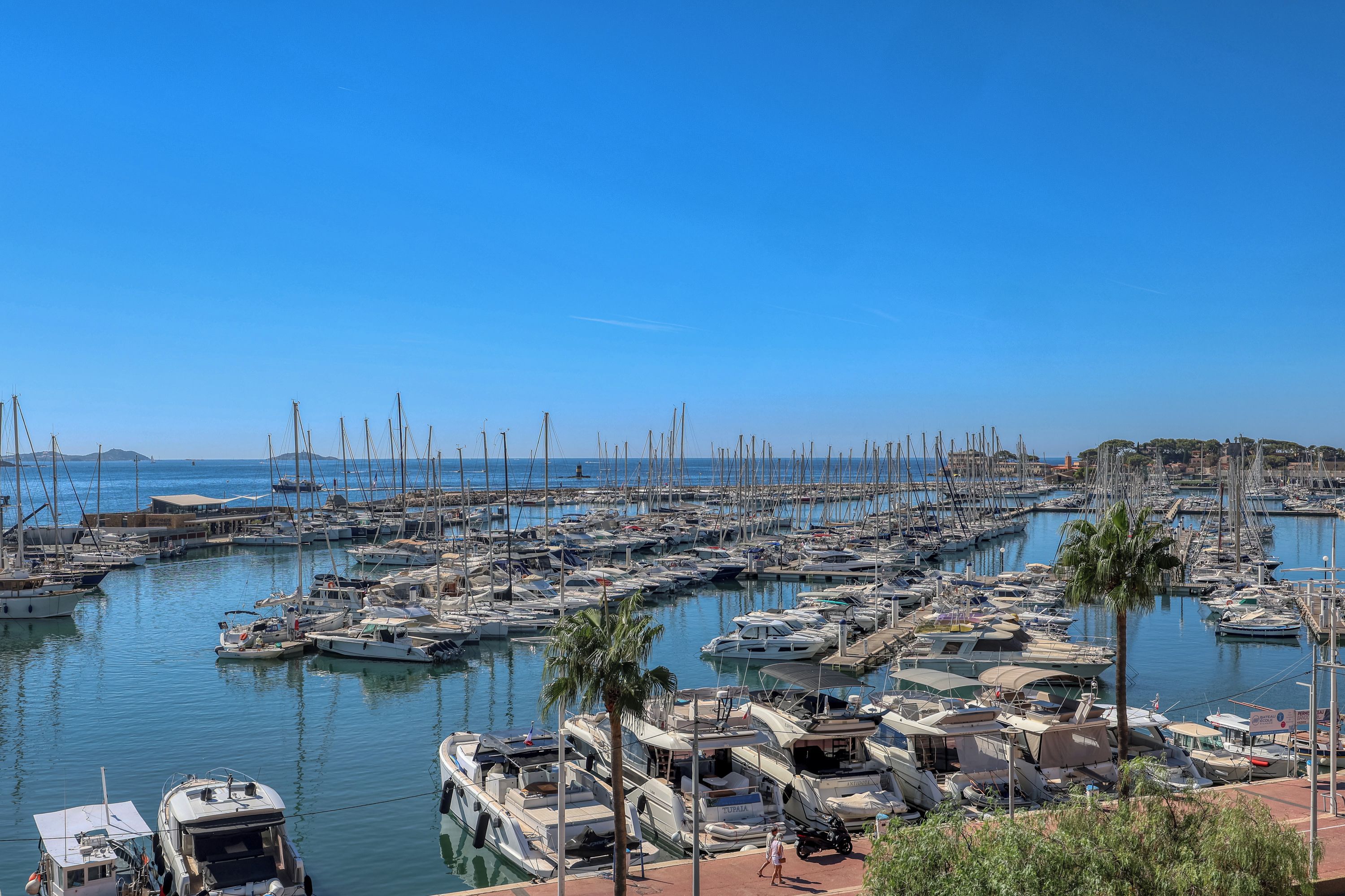 A marina with numerous boats docked, a clear sky, and a calm sea.