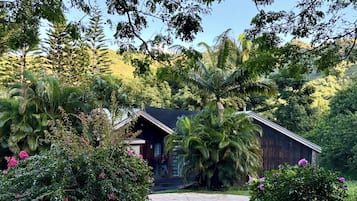 A rustic wooden cabin surrounded by lush greenery and flowering plants.