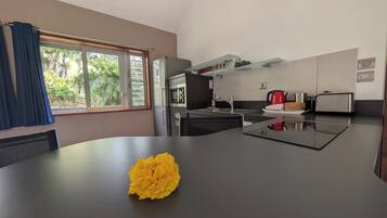 Cozinha moderna com ilha central, micro-ondas e torradeira.