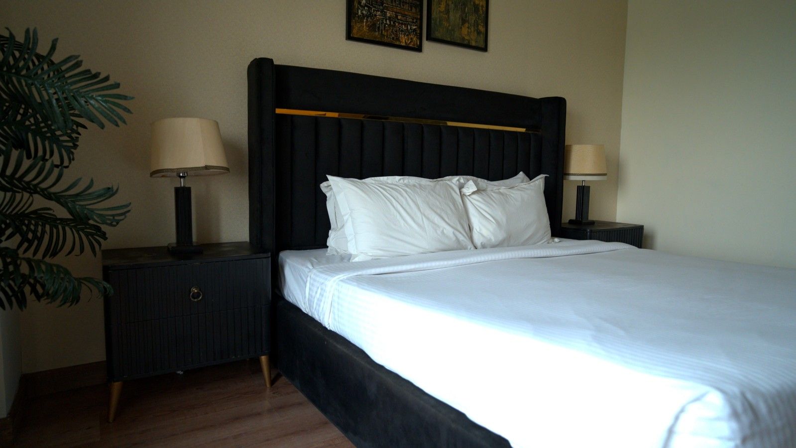 A hotel room with a bed, two bedside tables, a lamp on each table, and a plant on the left.