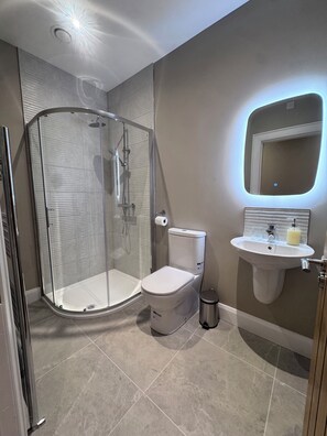 A modern bathroom with a glass-enclosed shower, a toilet, and a sink with a mirror above it.