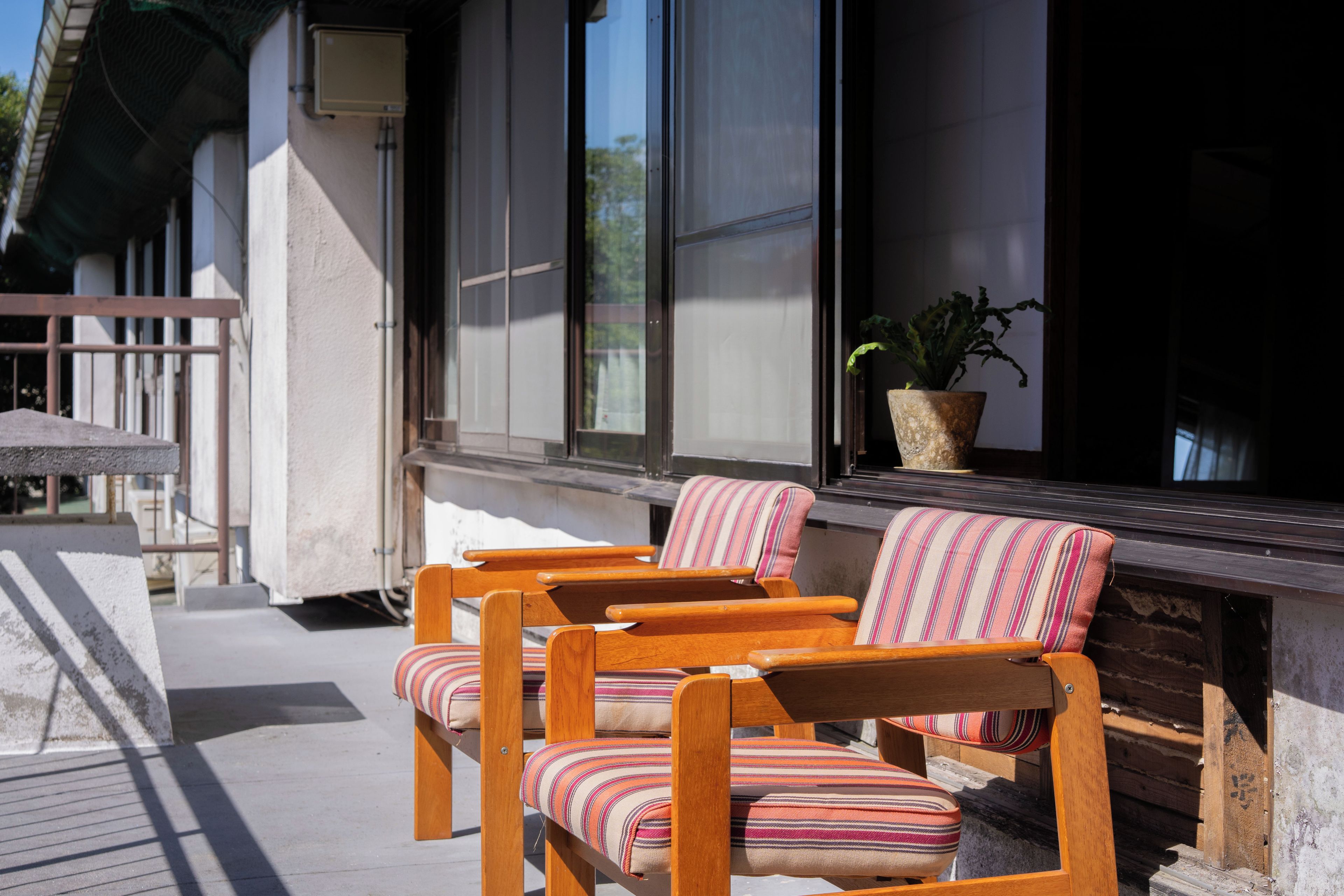 A wooden deck with two striped chairs and a potted plant.