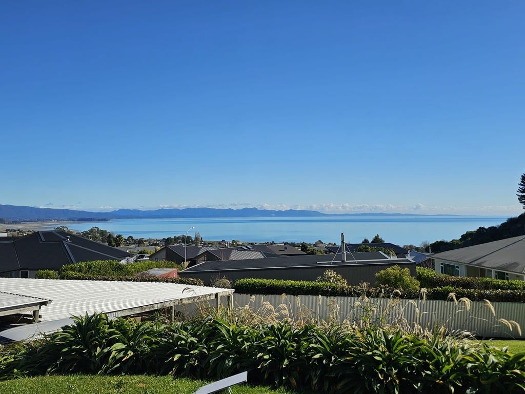 A residential area with houses, a clear sky, and a distant view of a body of water and mountains.